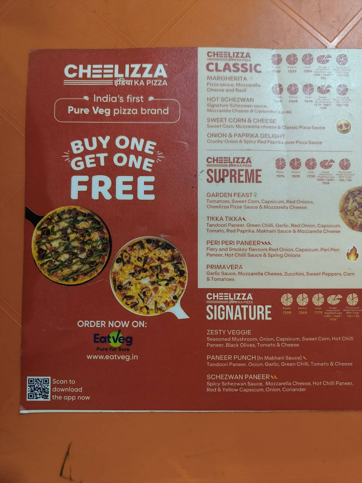 Cheelizza India ka Pizza menu