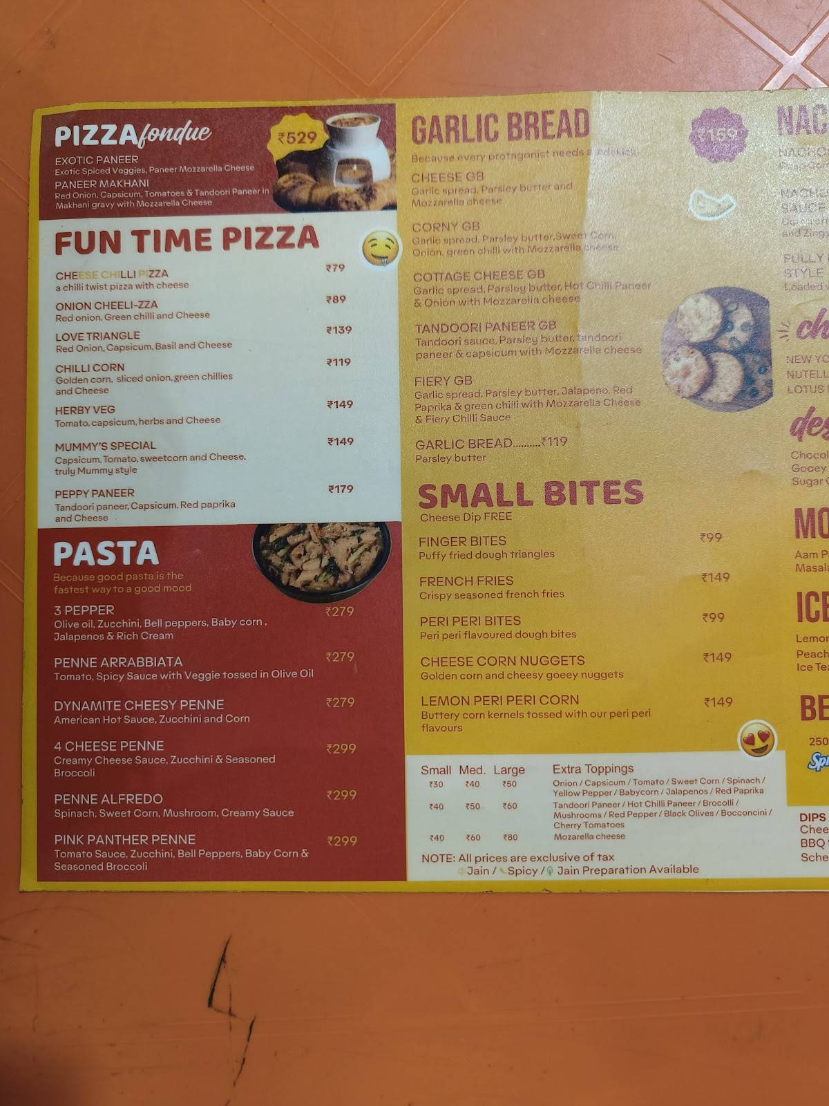 Cheelizza India ka Pizza menu