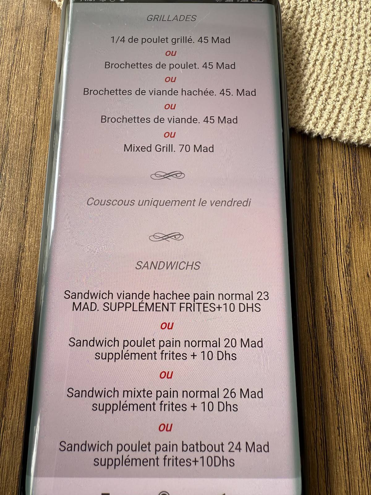 Menu de Chez Chihab