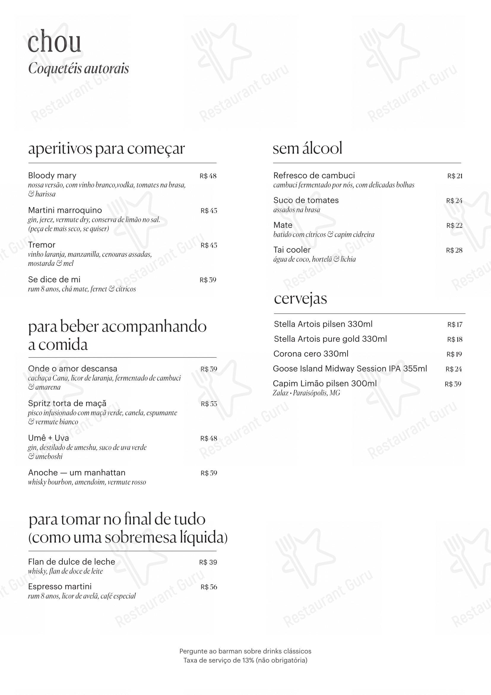 Chou em São Paulo - Menu