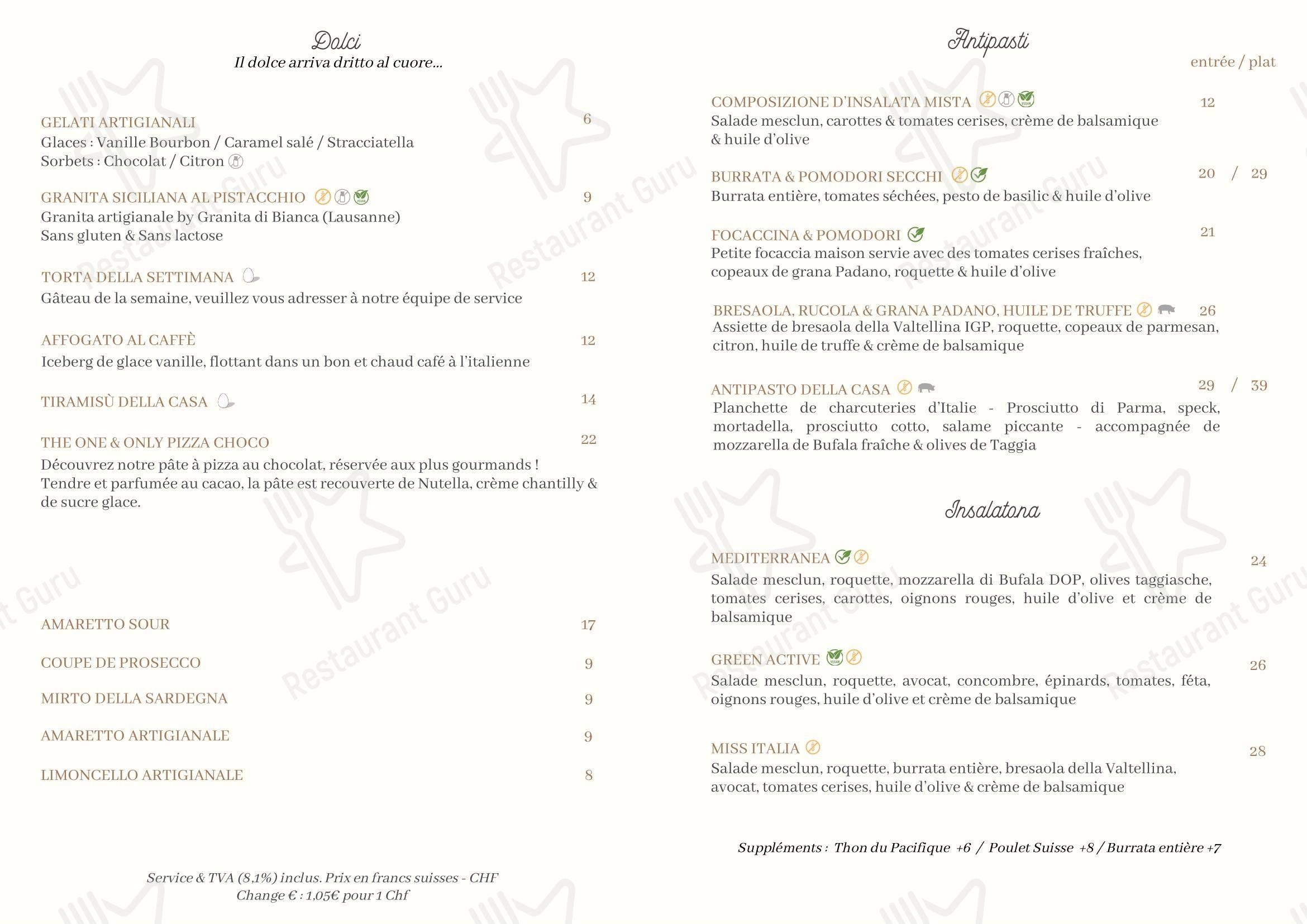 Menu per Cipollino Pasta & Pizza gourmet in Losanna