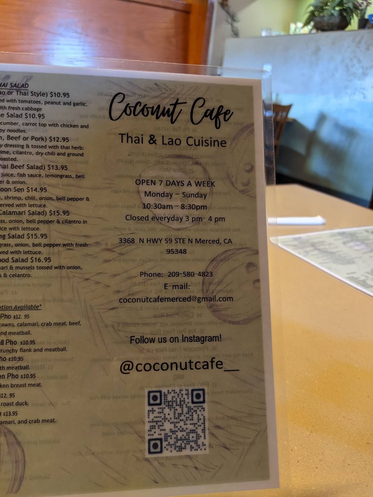 Menu at Coconut Cafe, Merced