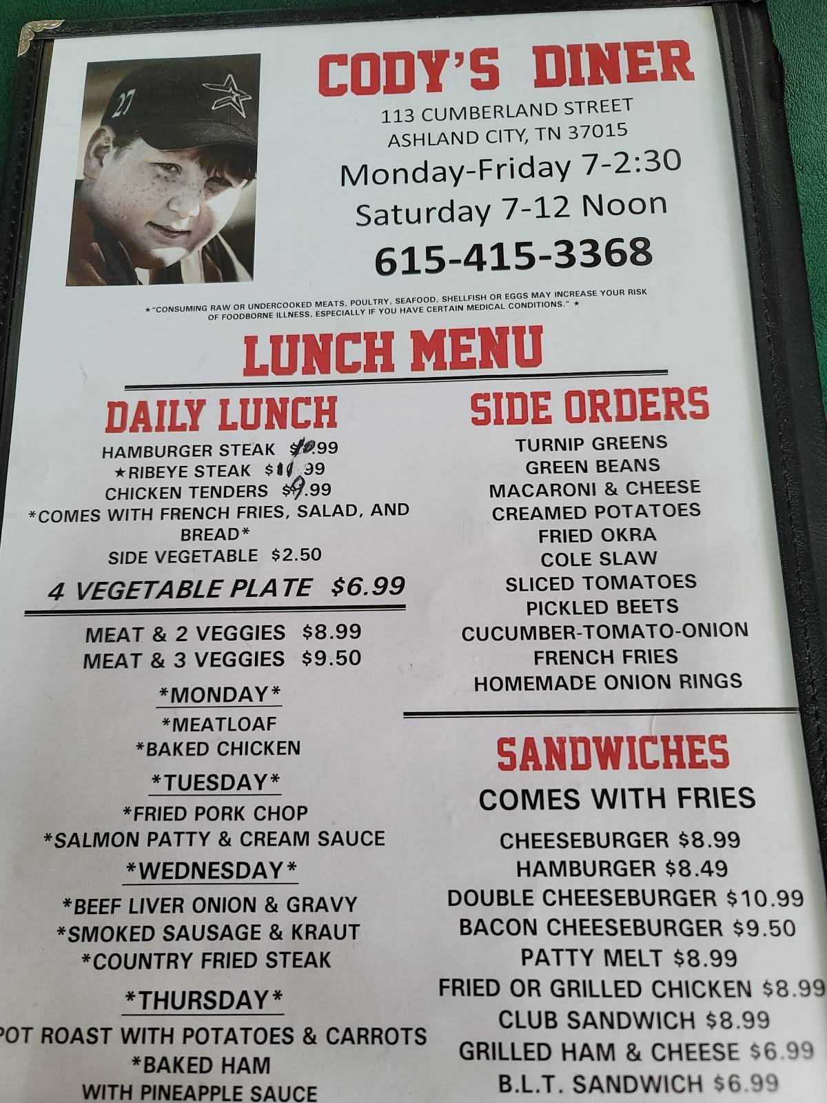 Menu at Cody's Diner cafe, Ashland City