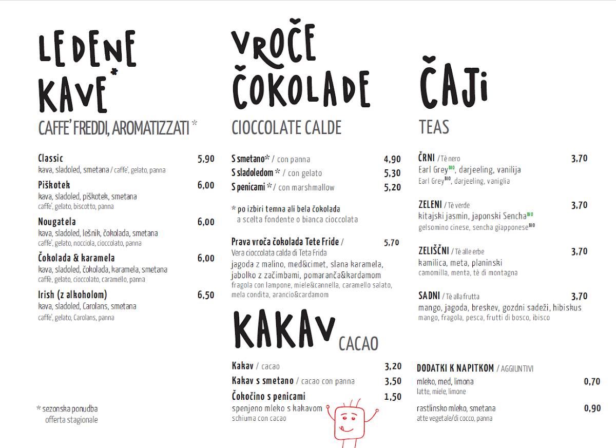 Menu de Čokoladna kavarna Teta Frida Koper
