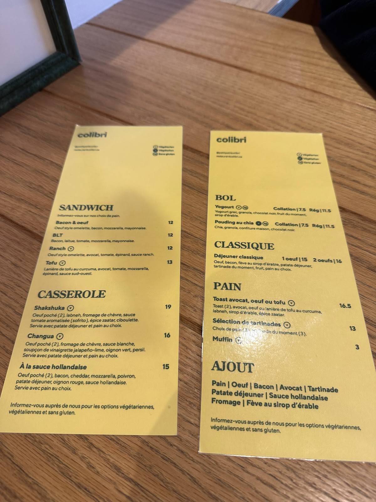 Menu de Colibri