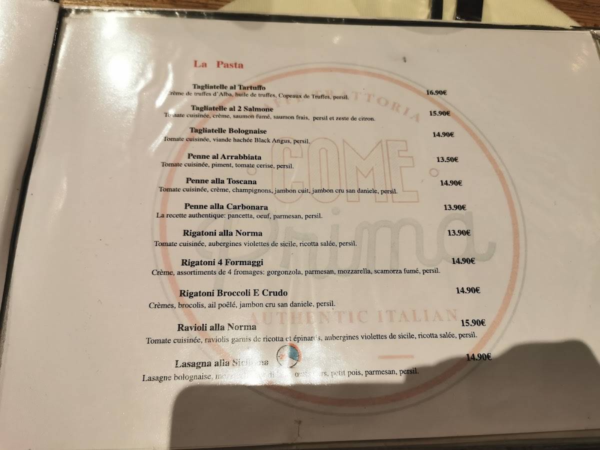 Menu de Come Prima Lille