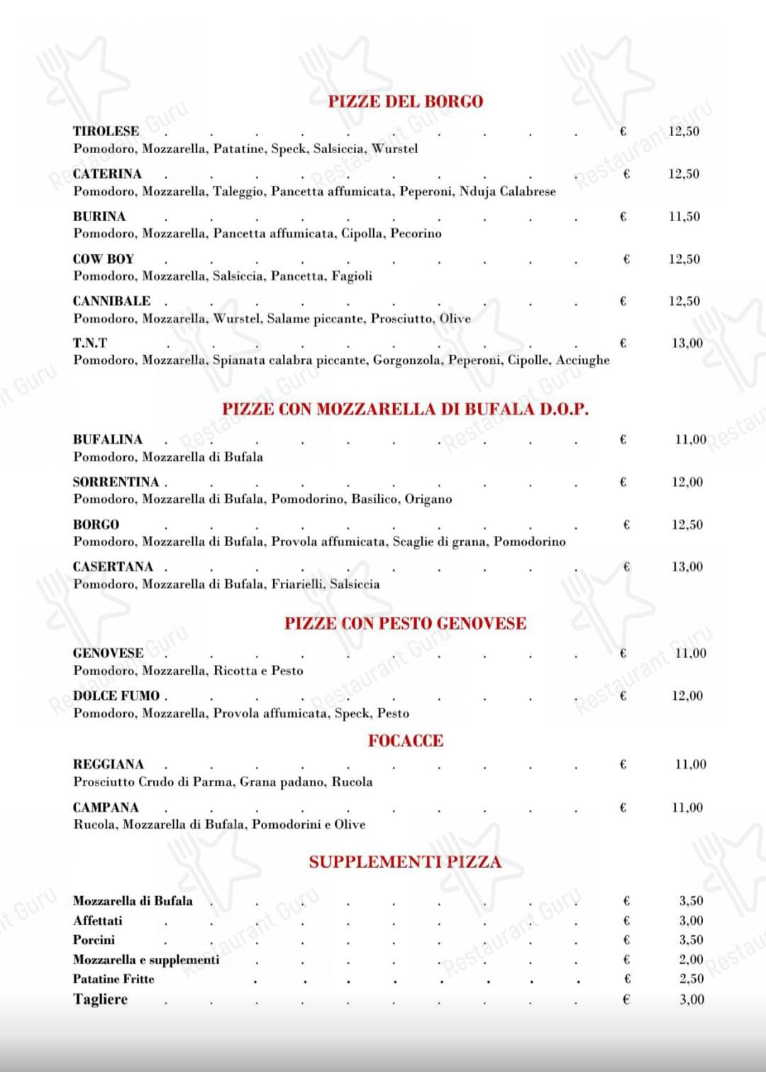 Menu di Trattoria Pizzeria Ristorante in Borgovico - pasti e bevande