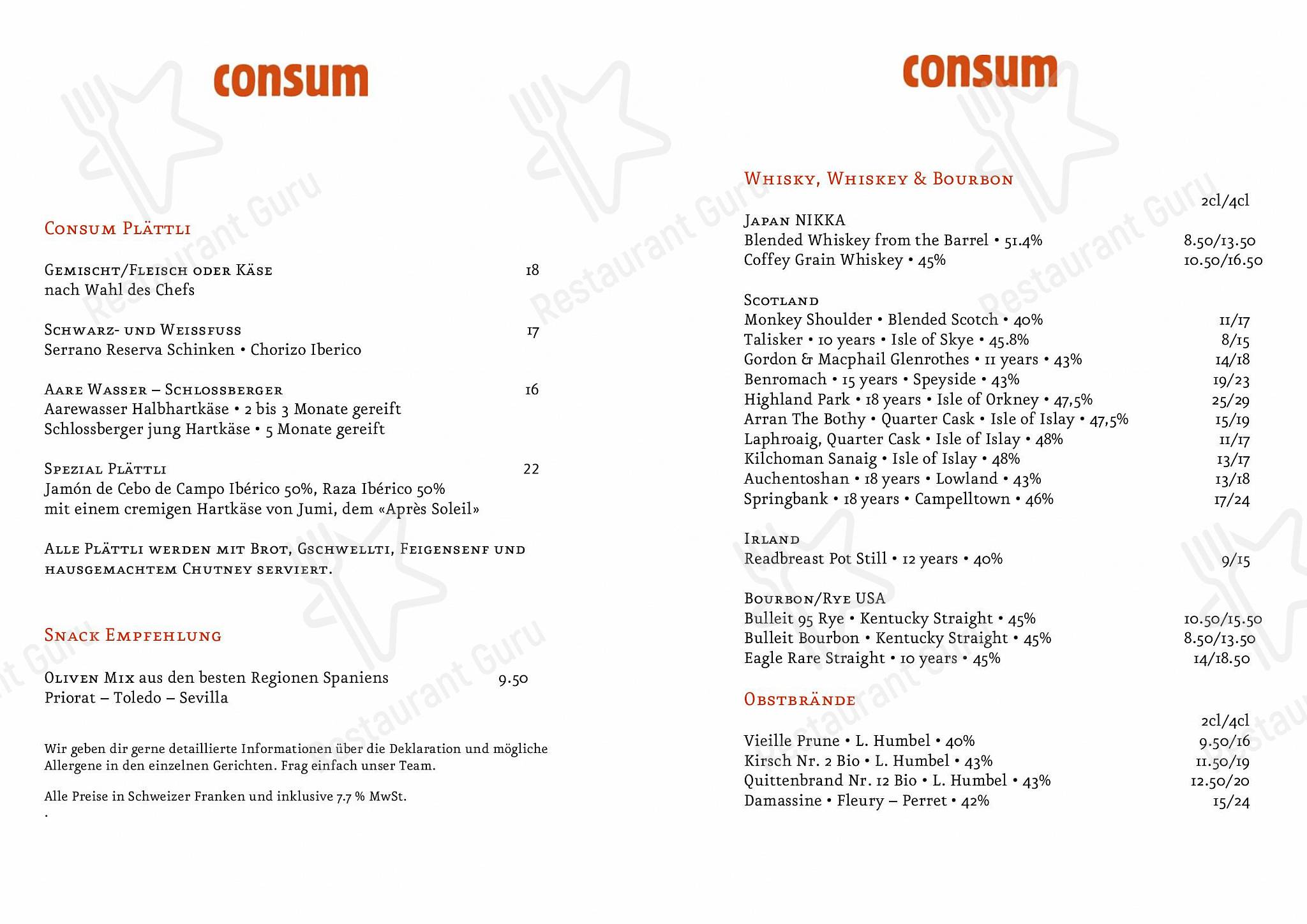 Основное меню per Consum Weinbar pub & bar