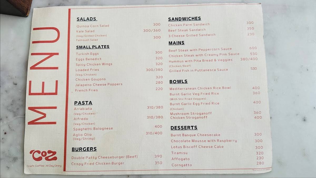 Coz Coffee menu