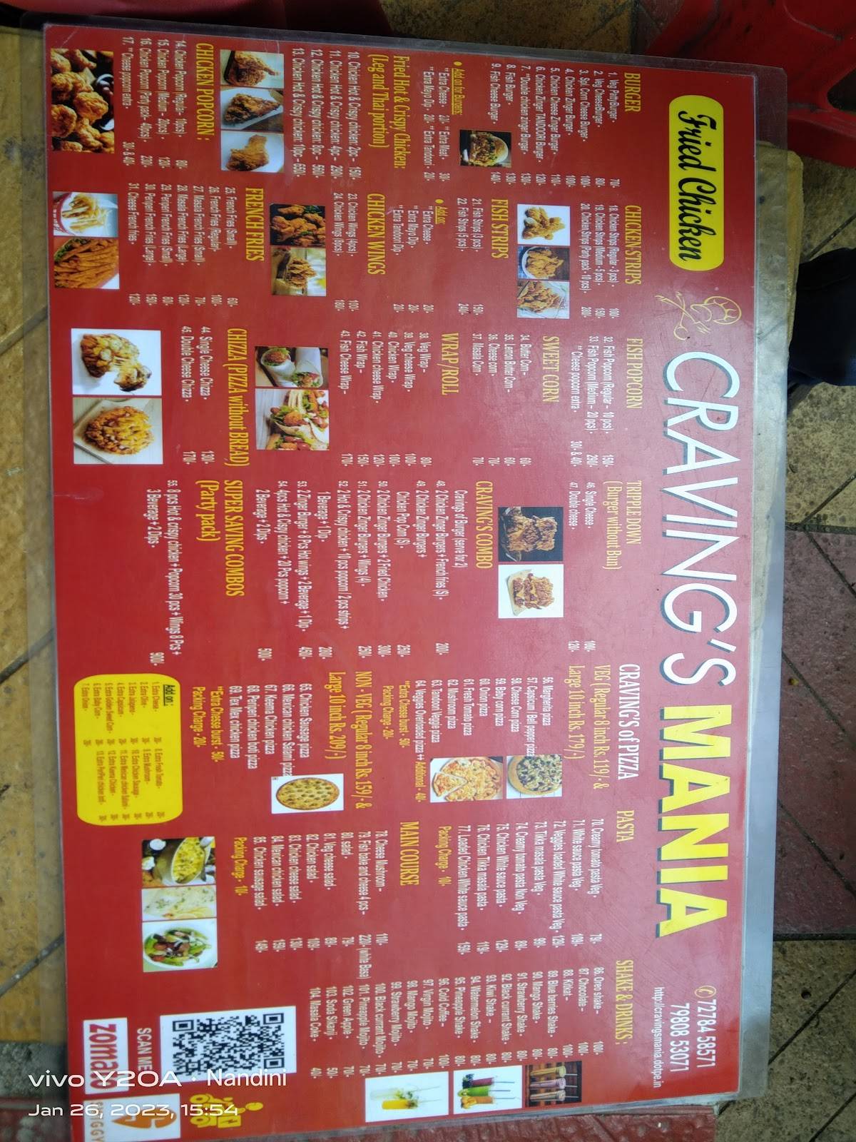 Craving's Mania menu