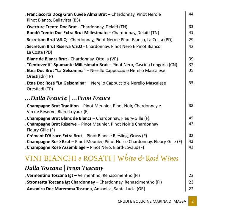 Menu di Crudi e Bollicine Marina di Massa 