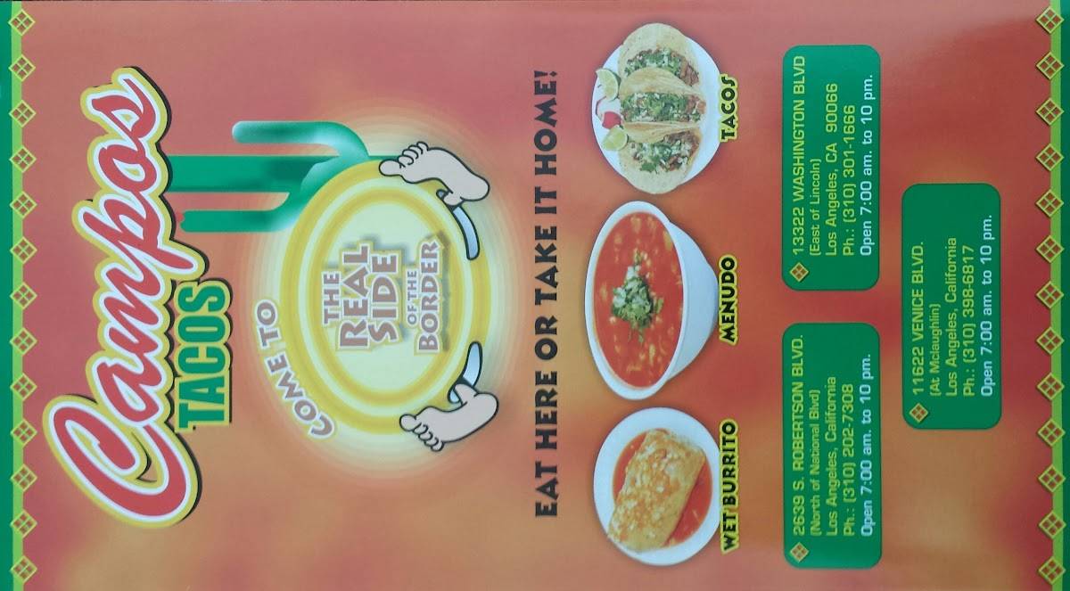 Menu at Campos Tacos restaurant, Los Angeles, Washington Blvd 1