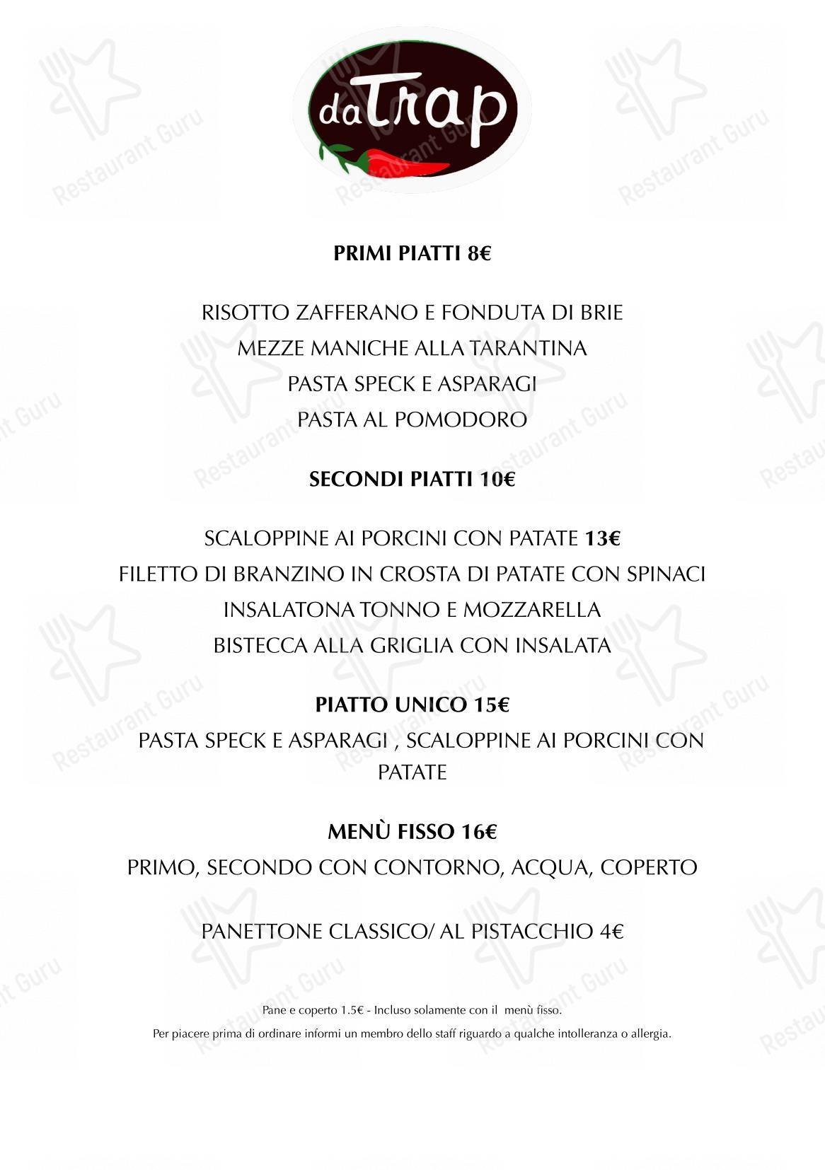 Menu per Ristorante Pizzeria da Trap in Milano