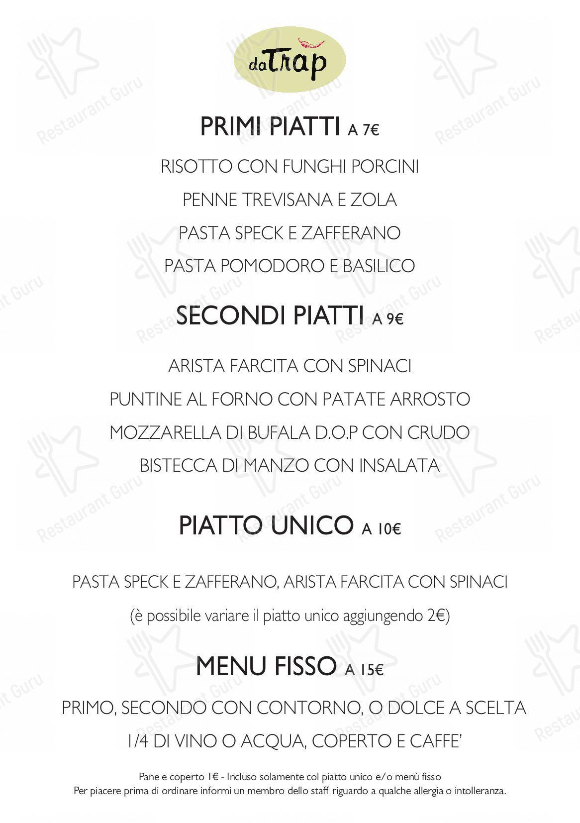 Menu di Ristorante Pizzeria da Trap - Основное меню