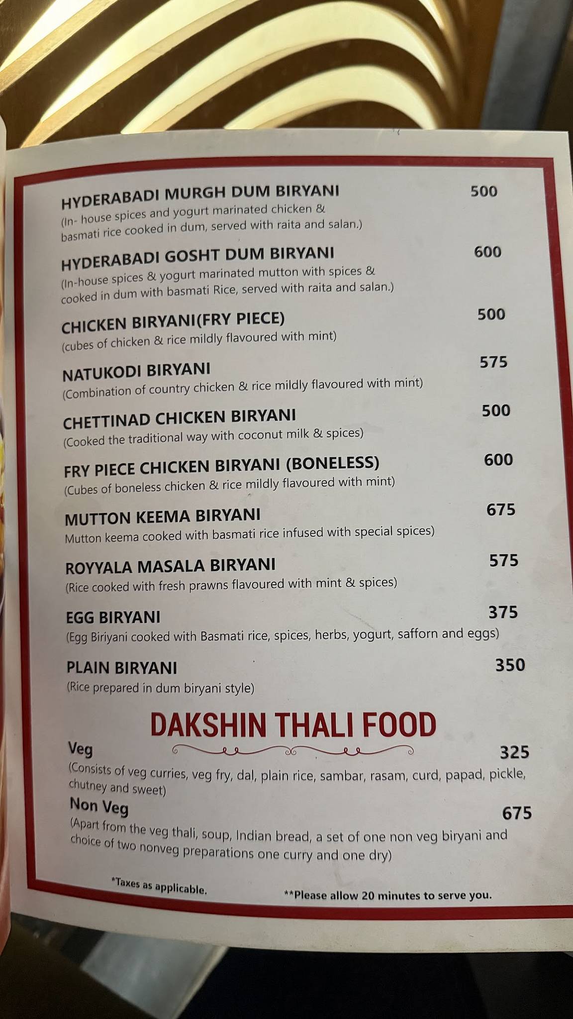 Dakshin Restaurant menu