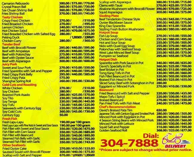 Menu at David's Tea House restaurant, Cainta
