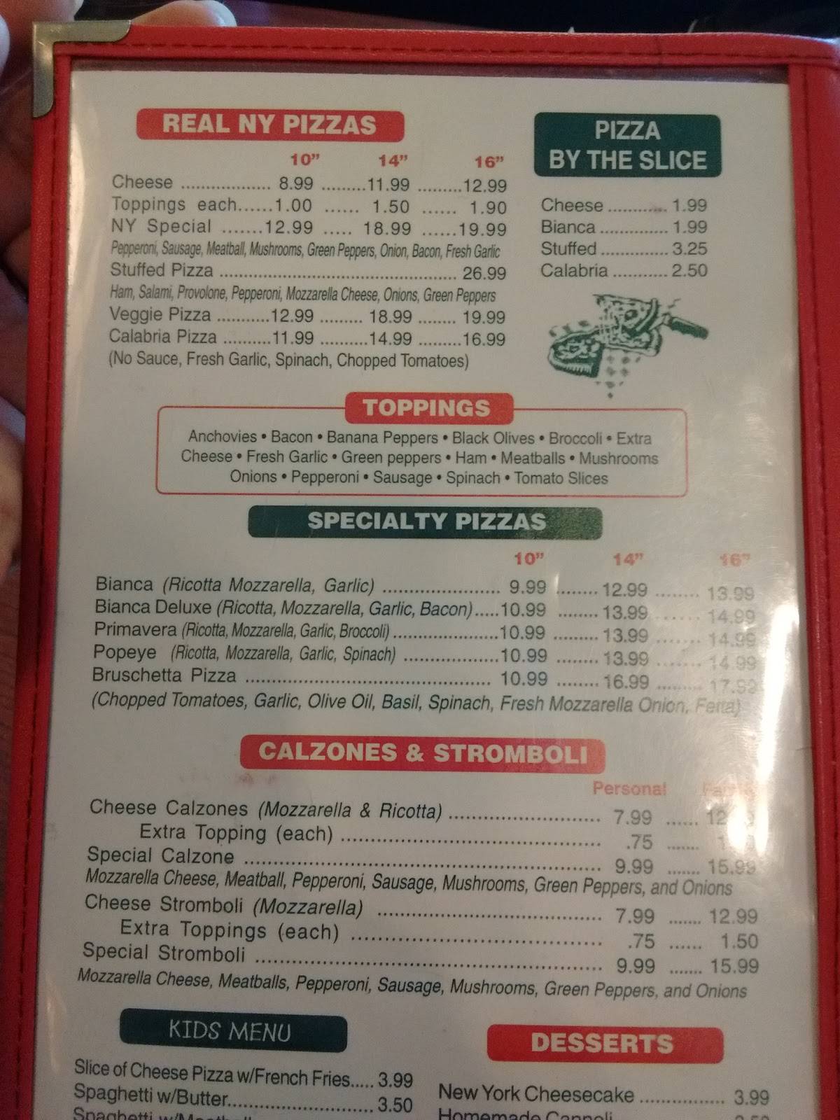 Menu at Tony's New York Pizza pizzeria, DeLand