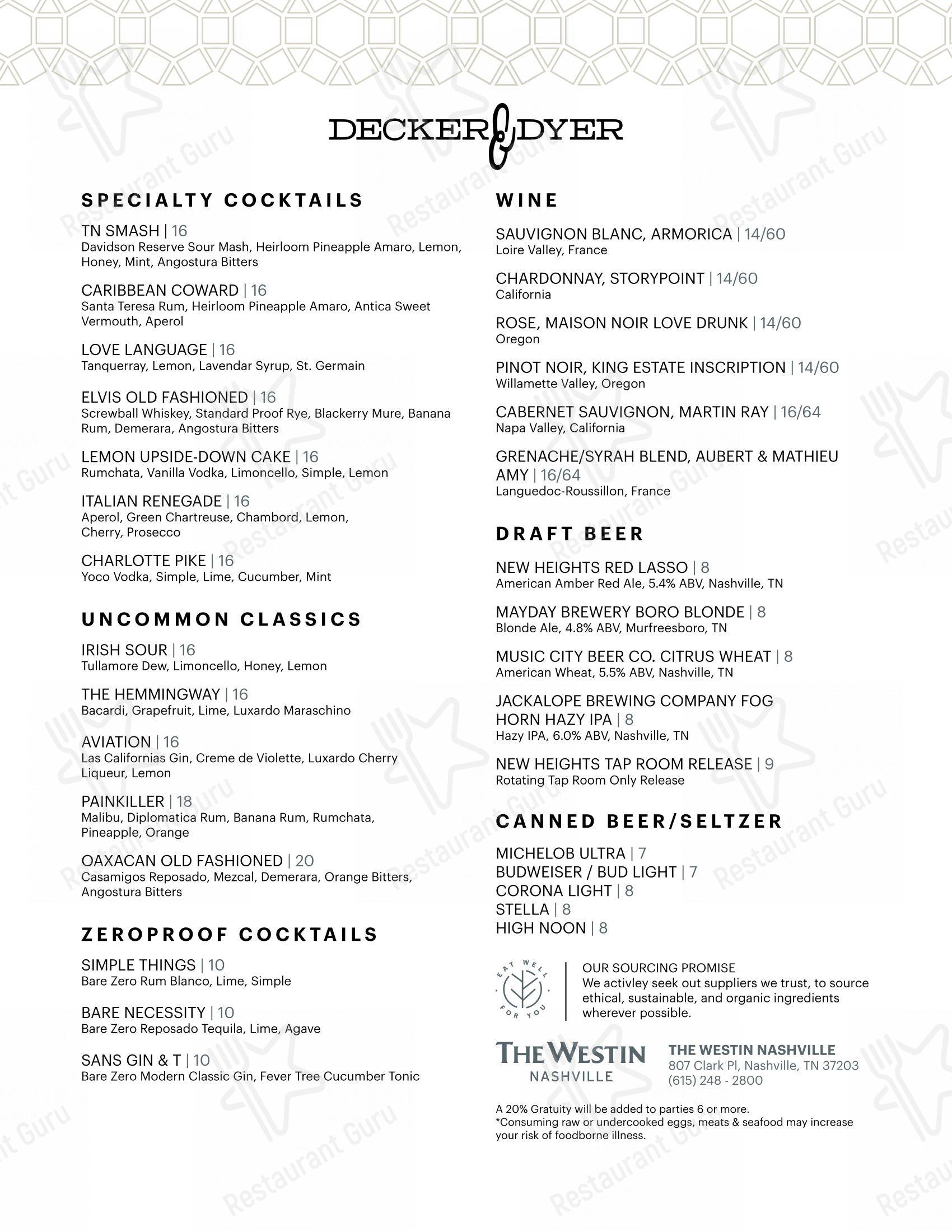 Menu at Decker & Dyer pub & bar, Nashville