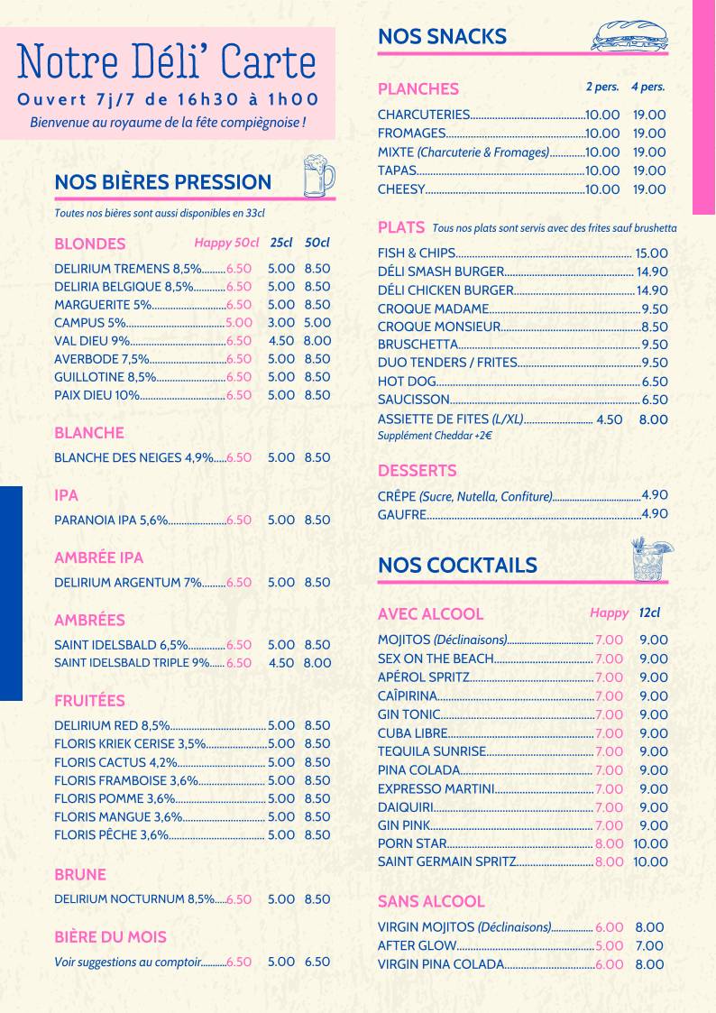 Menu de Delirium Café Compiègne