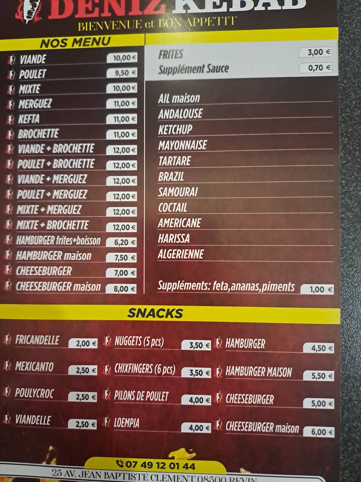 Menu de Deniz kebab