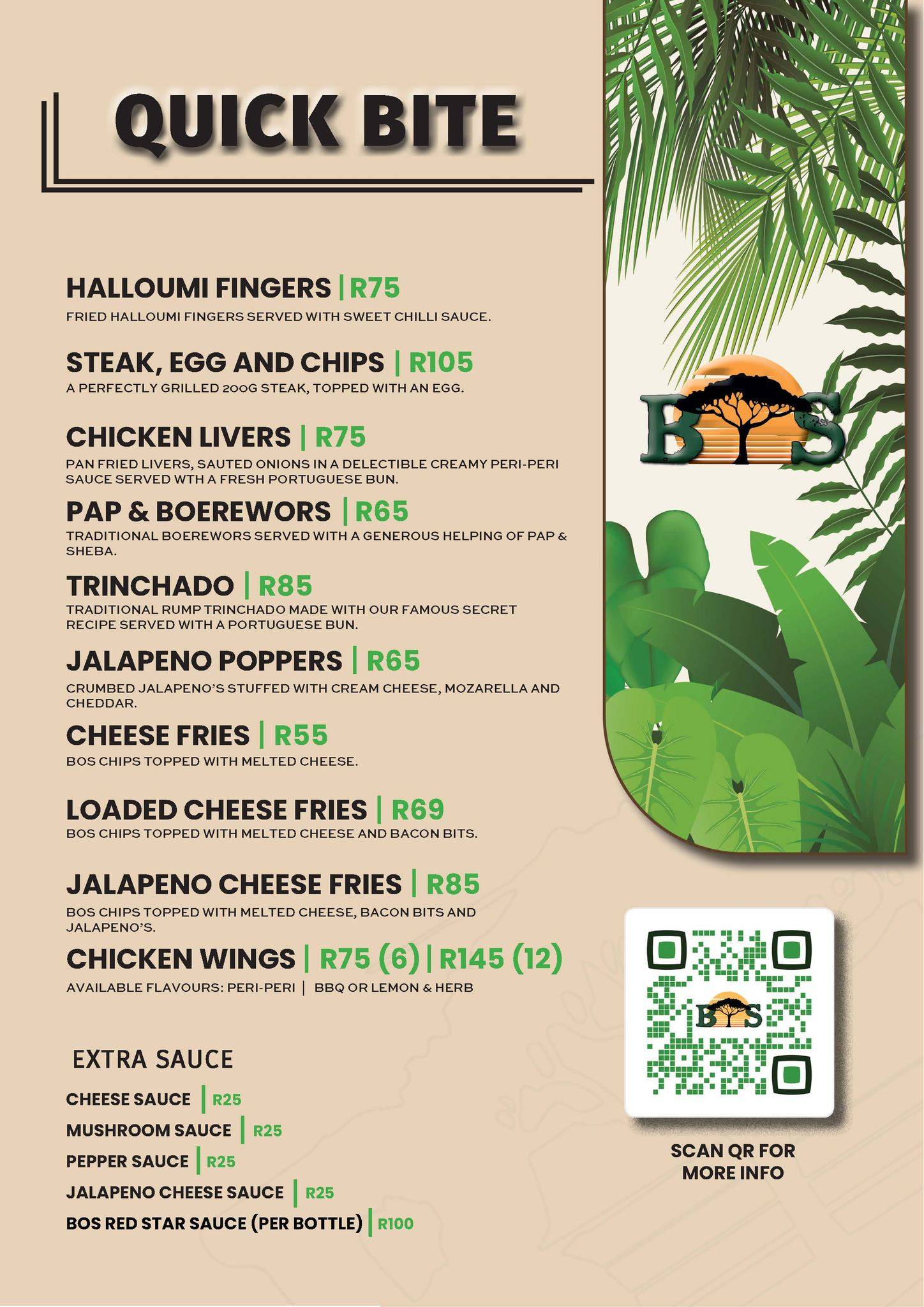 Menu at Die Bos Restaurant & Function Venue, Pretoria