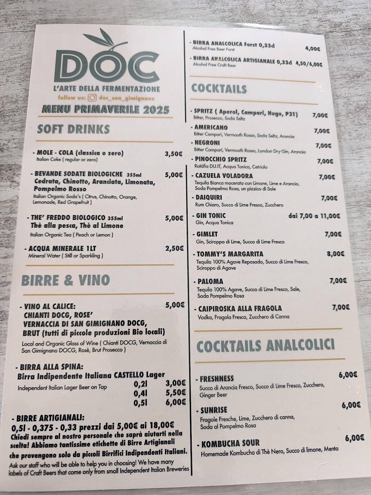 Menu di Doc San Gimignano 