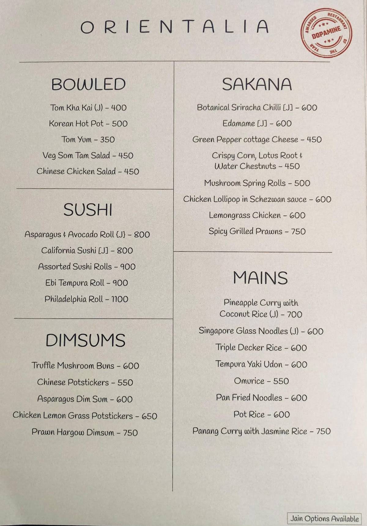 Dopamine - Diner & Club menu