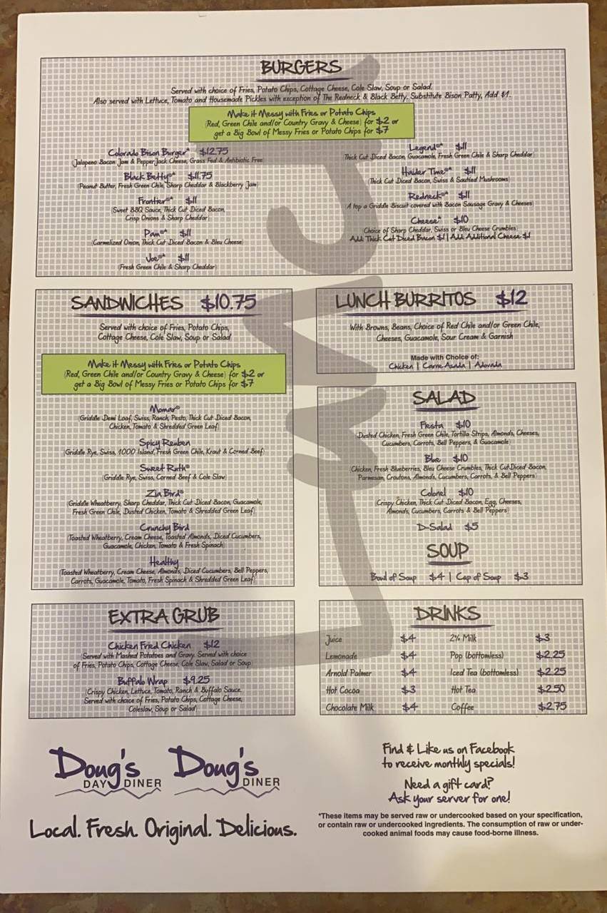 Menu at Doug's Diner restaurant, Fort Collins