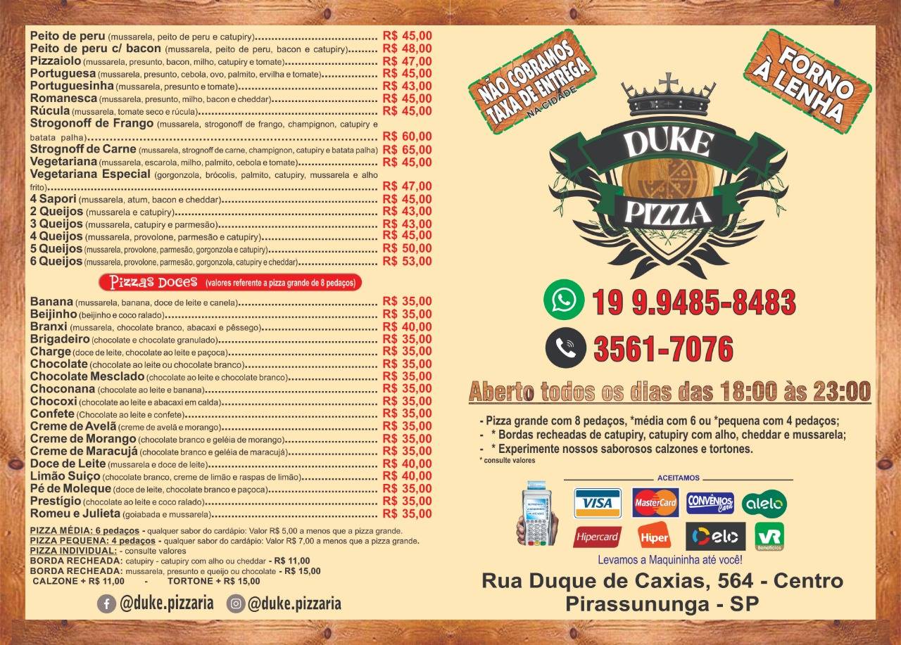 Duke Pizza cardápio