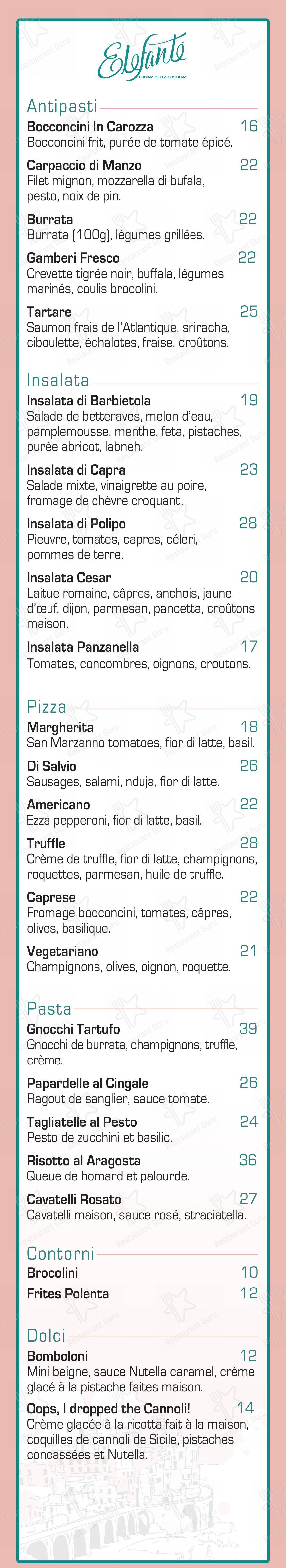 Menu pour Elefanté restaurant