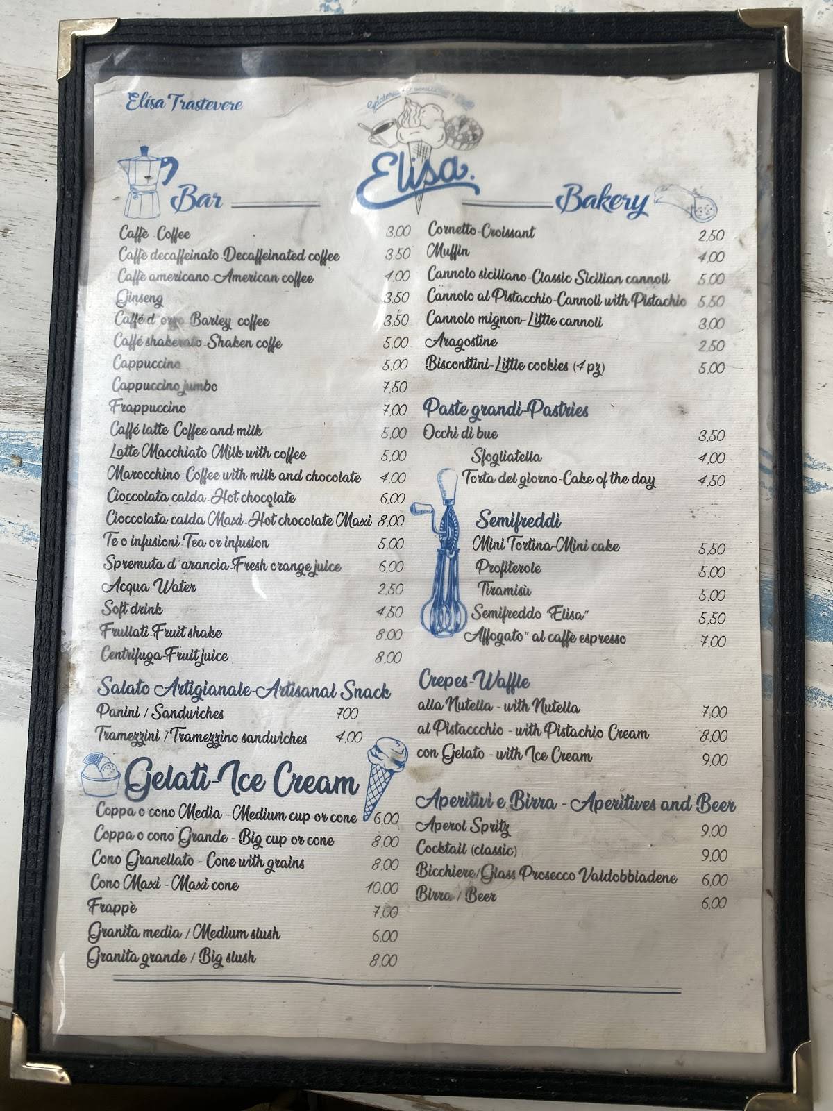 Menu di Elisa Gelateria Trastevere 