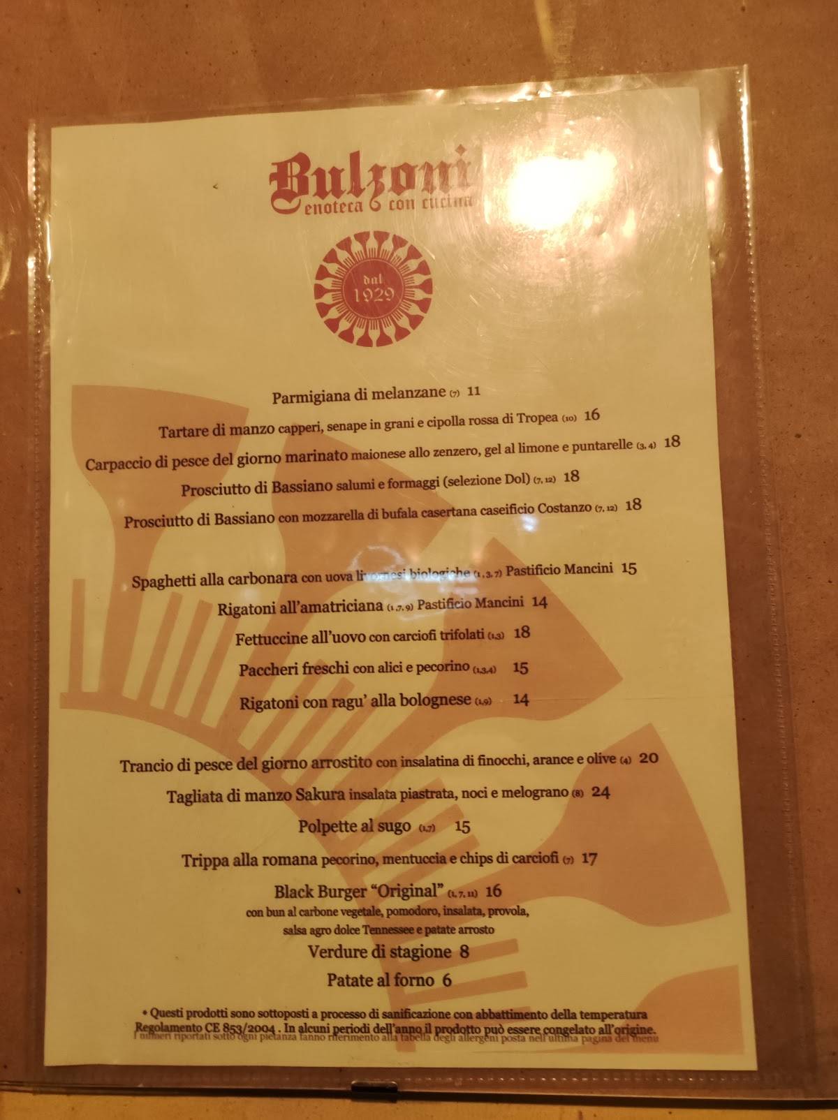 Menu di Enoteca Bulzoni 