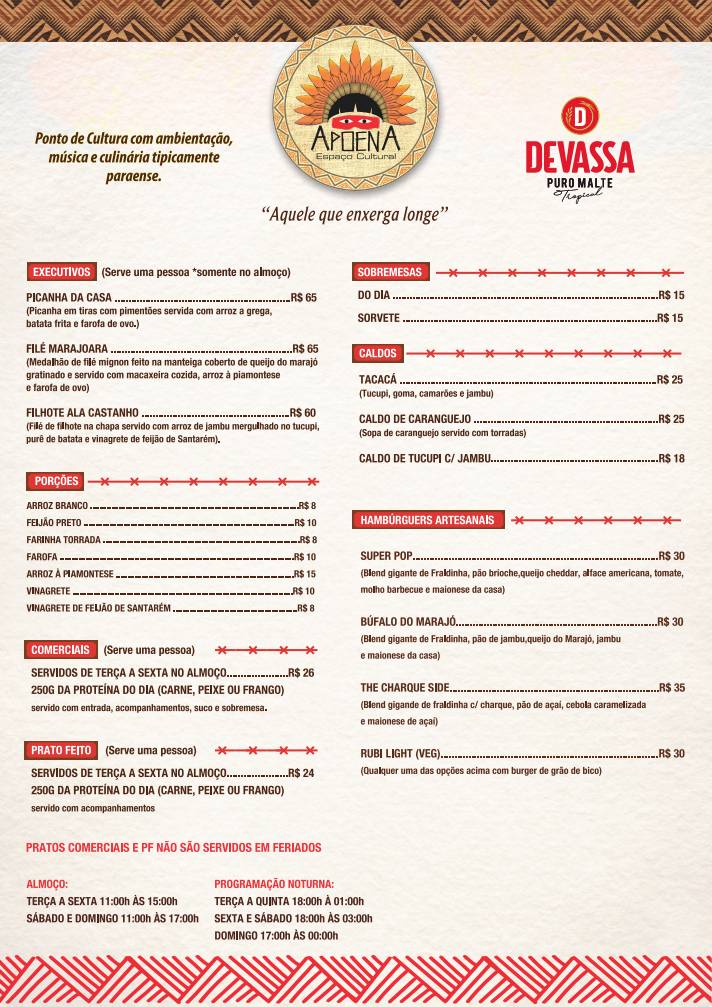 Espaço cultural Apoena cardápio