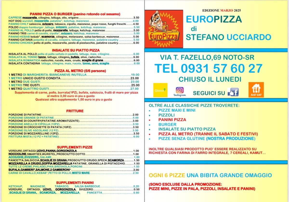 Menu di Europizza di Stefano Ucciardo a Noto 
