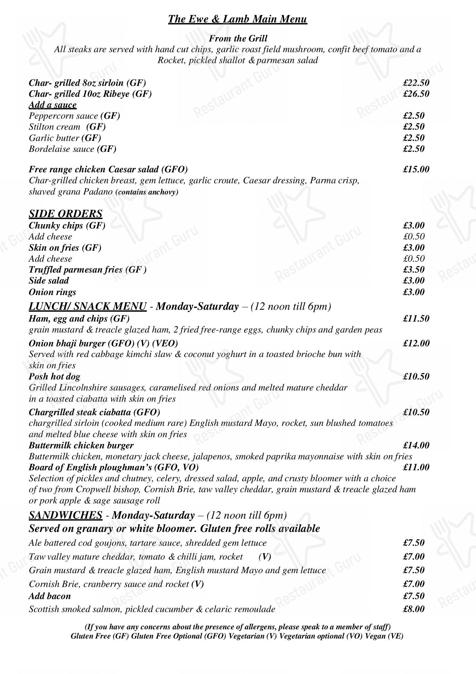Menu at Ewe & Lamb pub & bar, Bromsgrove
