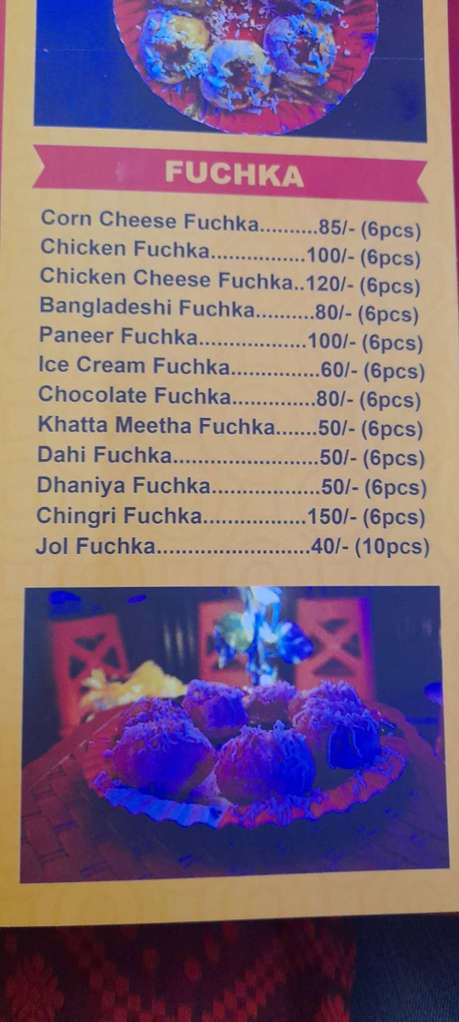 FUCHKAWALA BARRACKPORE menu