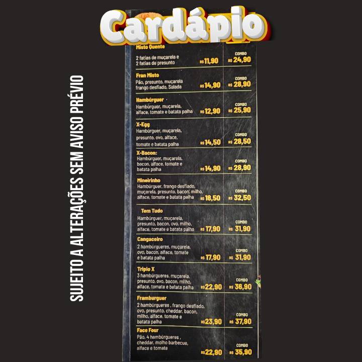 Face Burg Hamburgueria Pedro Leopoldo cardápio