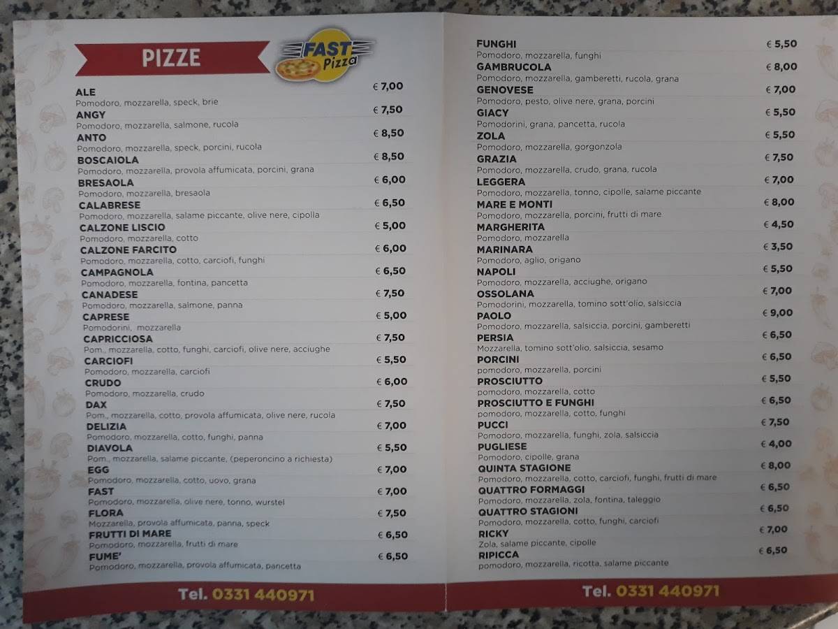 Menu di Fast Pizza 