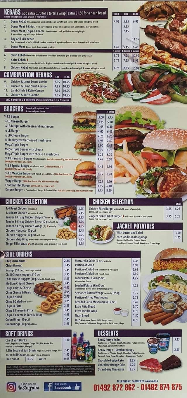 Menu at Bay Grill II fast food, Llandudno Junction