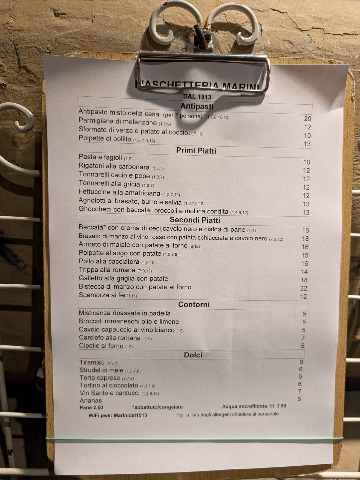 Menu di Fiaschetteria Marini 1913 