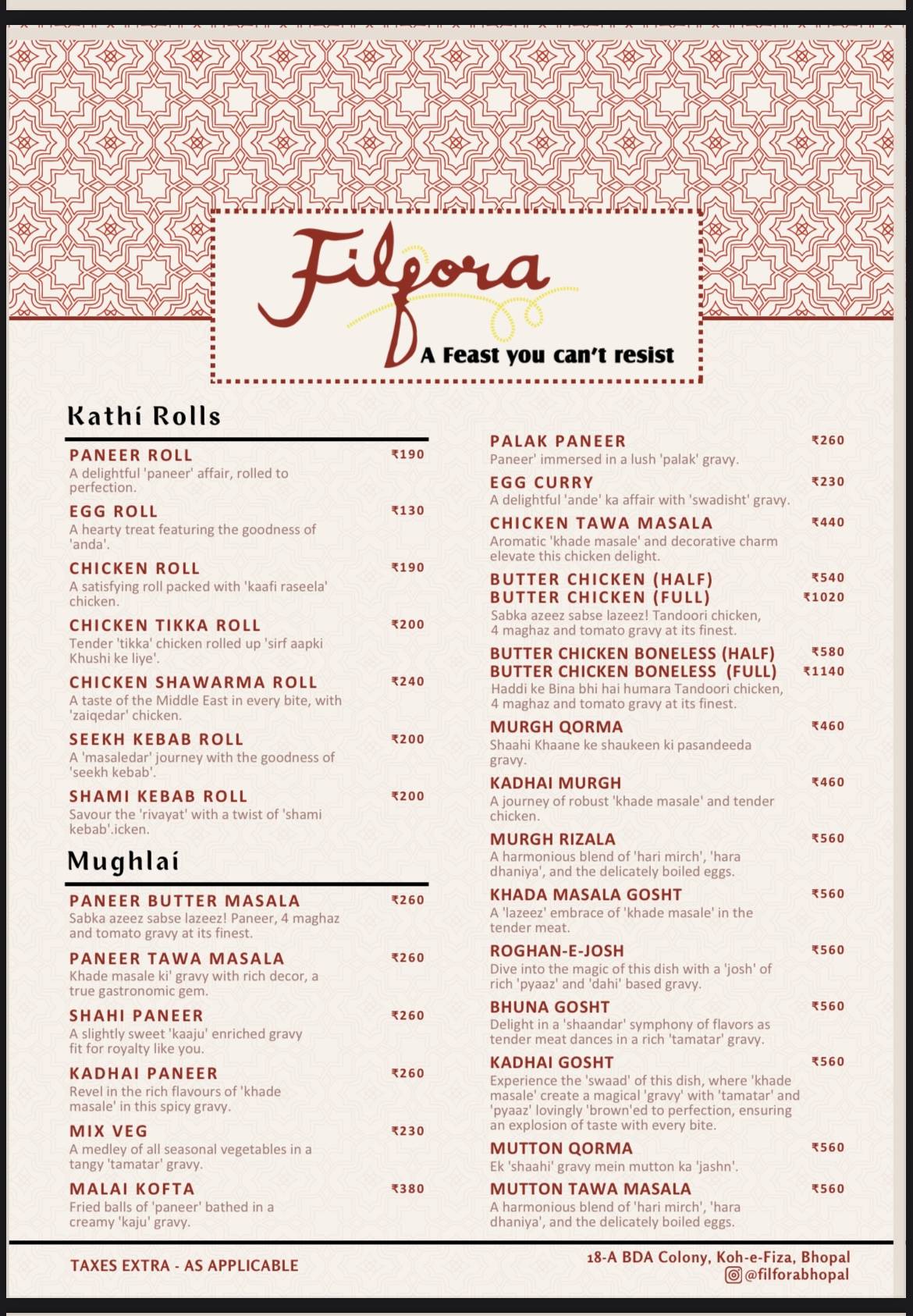 Filfora Restaurant Kohefiza Bhopal menu