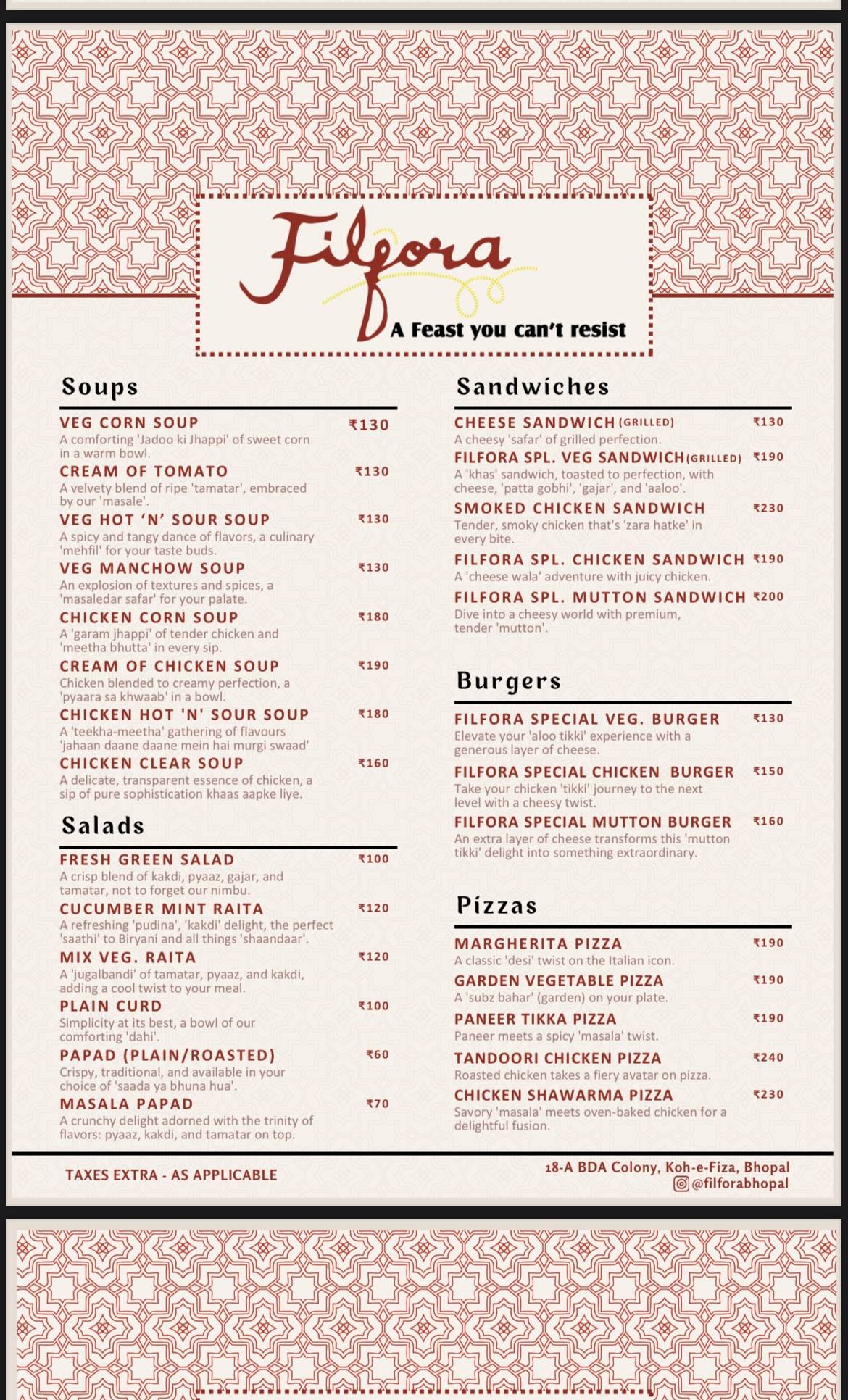 Filfora Restaurant Kohefiza Bhopal menu