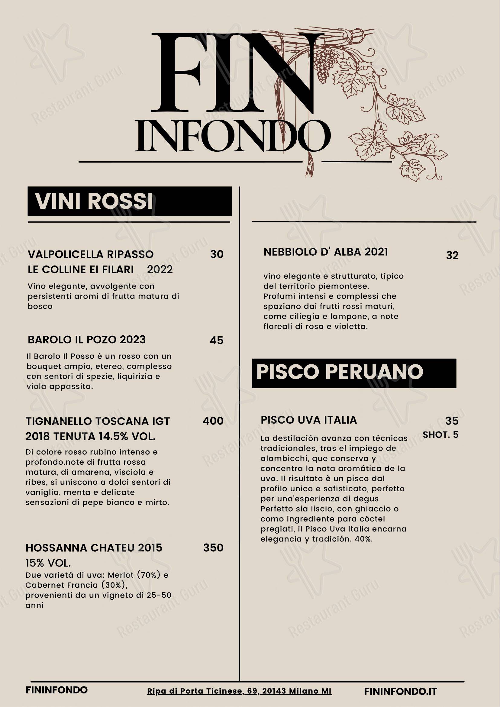 Menu bar per Fininfondo ristorante