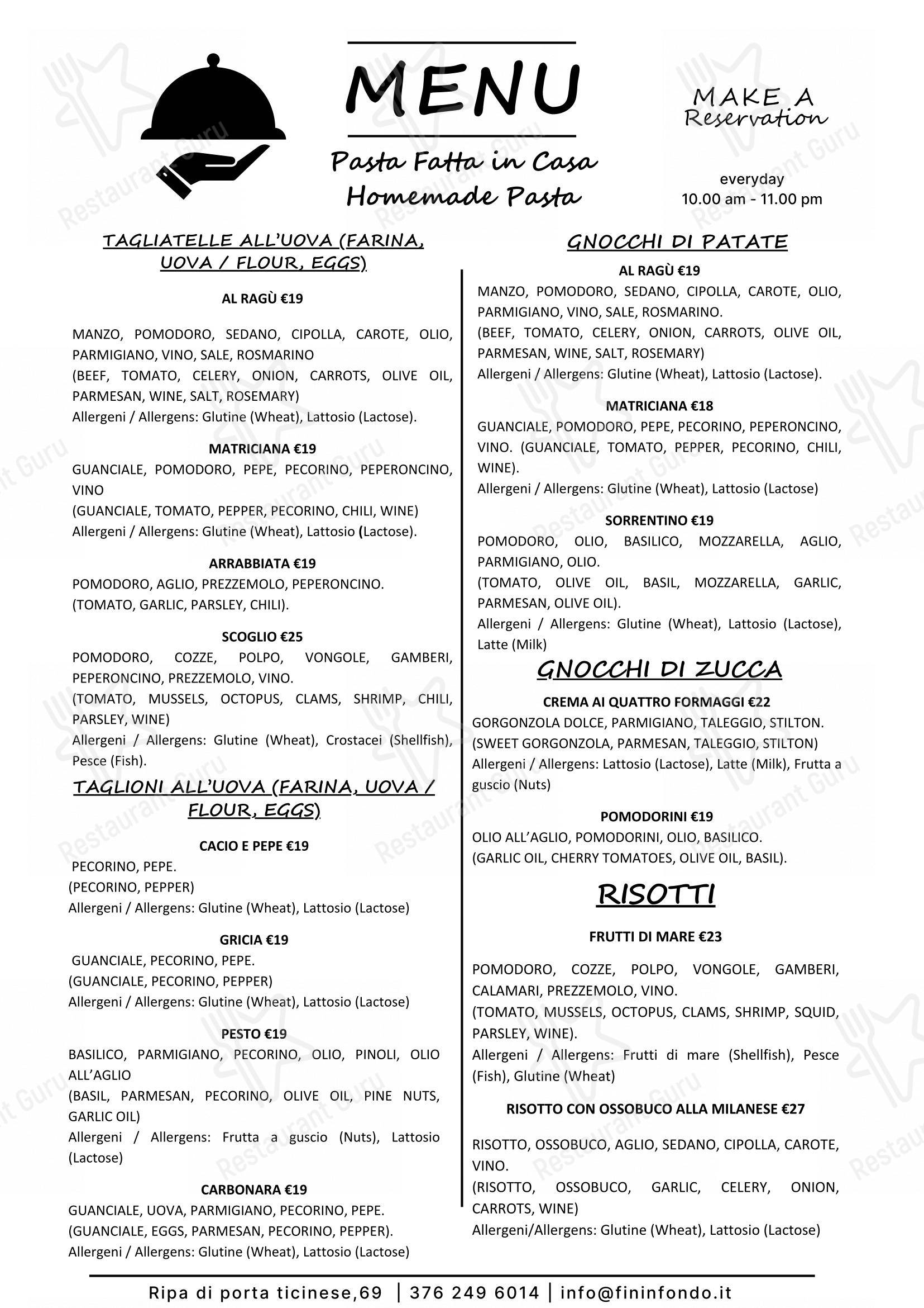 Fininfondo in Milano - Lunch Menu