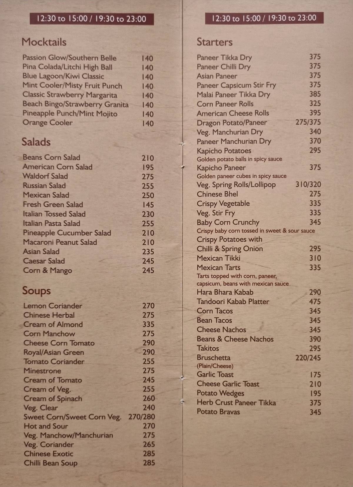Flavours Restaurant menu