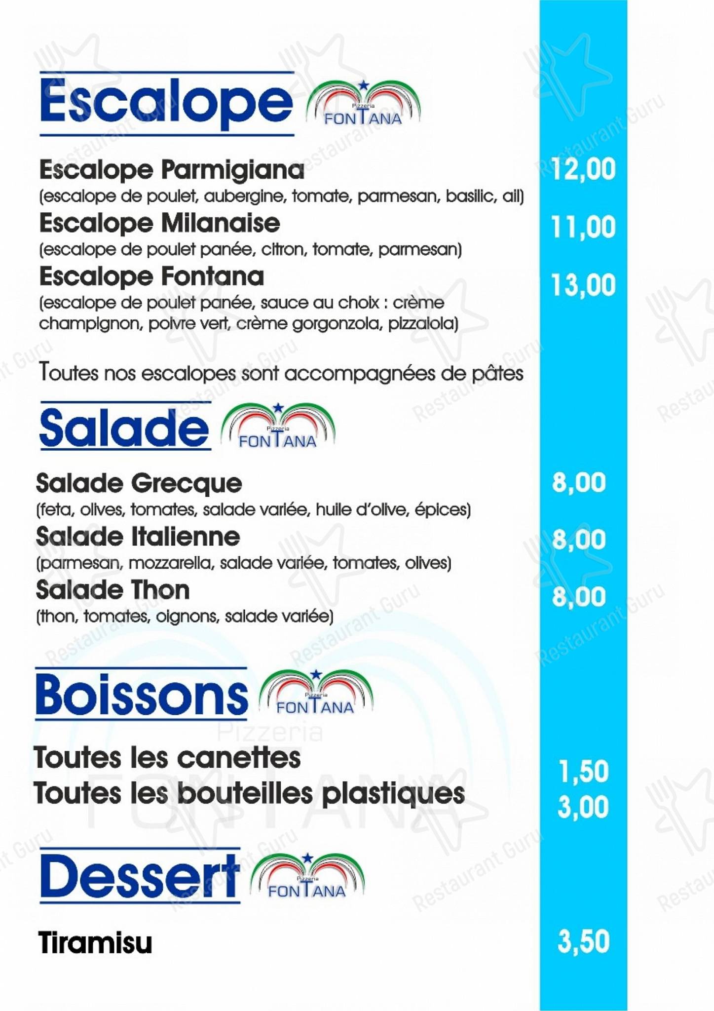 Menu pour La Fontana dans Liège