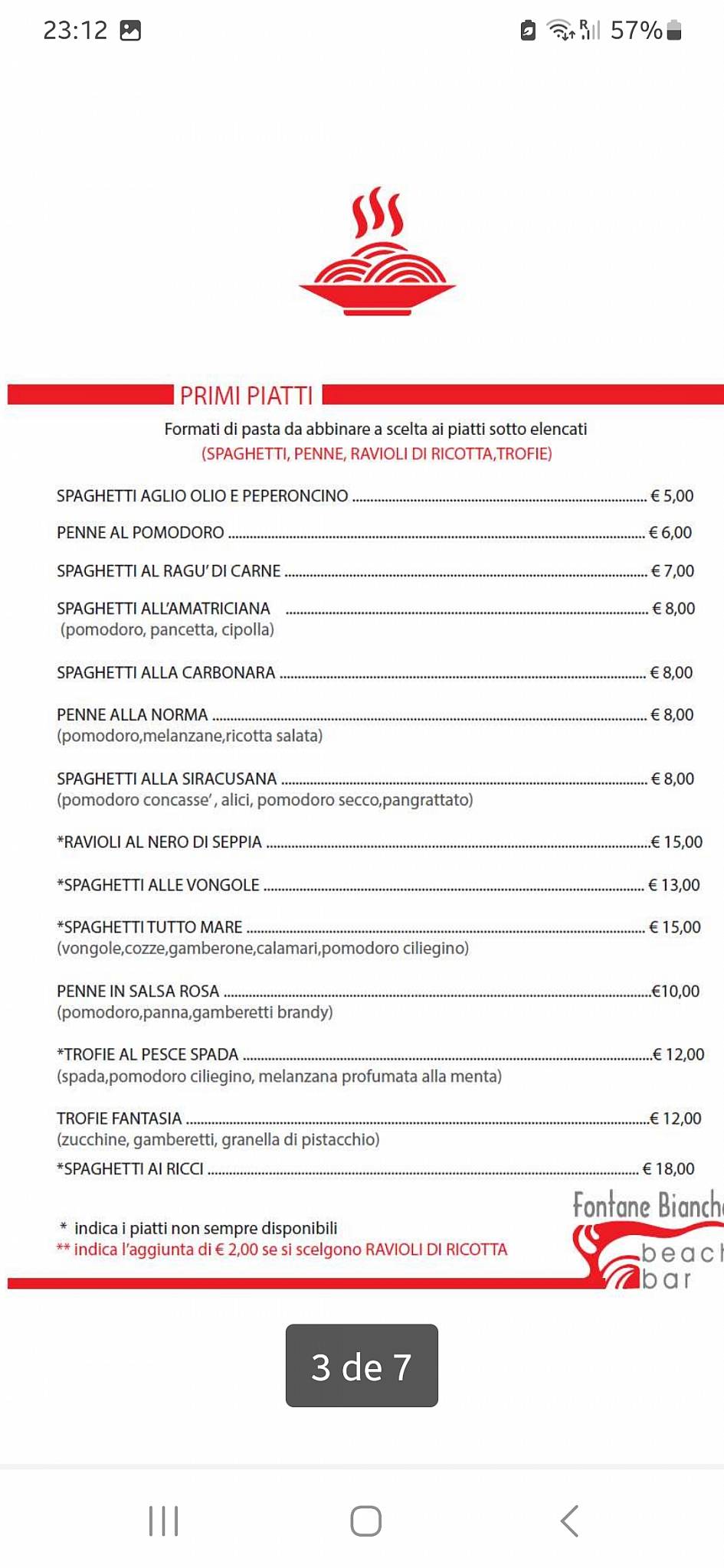 Menu di Fontane Bianche Beach Bar 