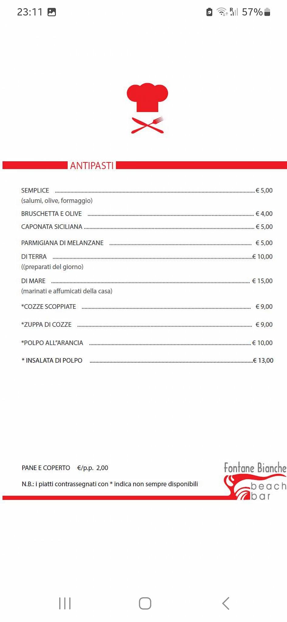 Menu di Fontane Bianche Beach Bar 