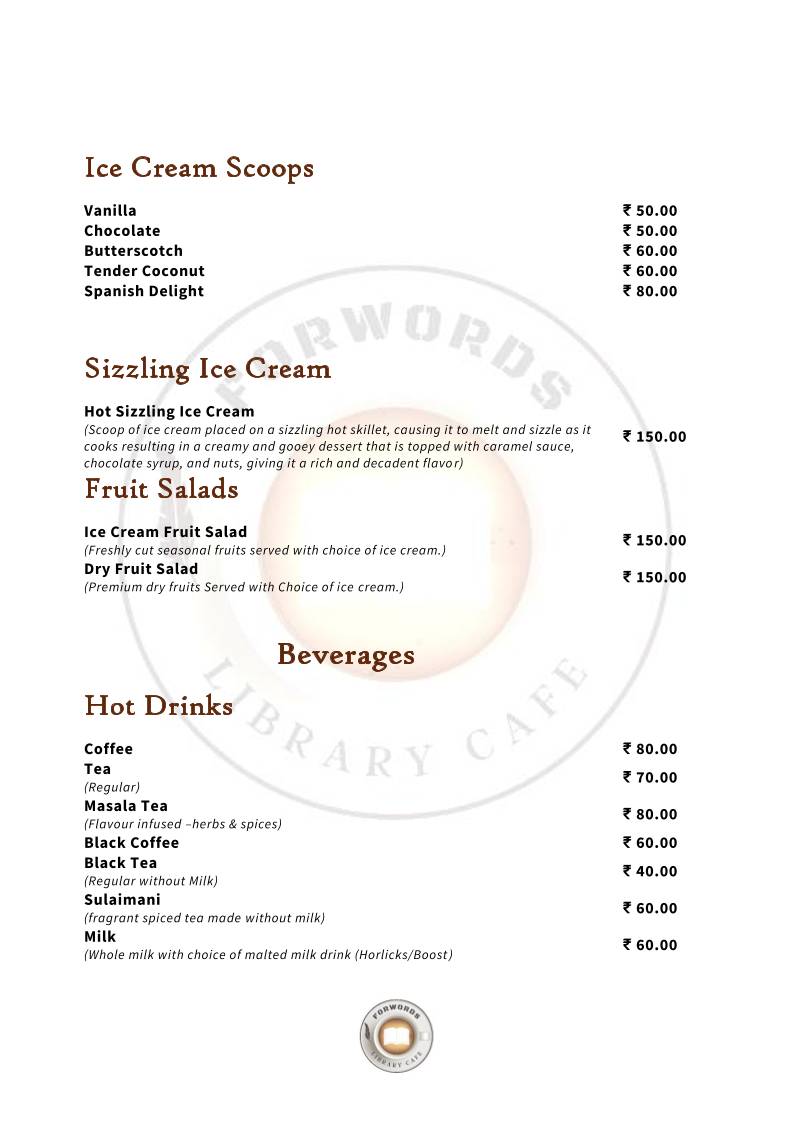 Forwords Library Cafe menu