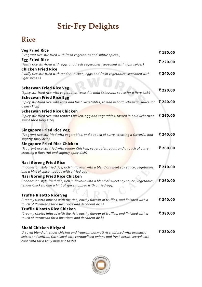 Forwords Library Cafe menu